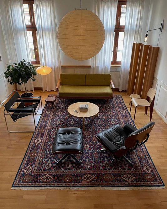 Large round paper lantern in a wood lounge with clear access below