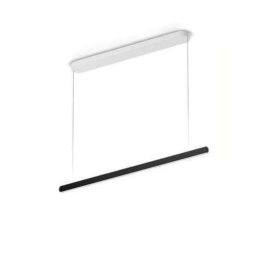 linear pendant hanging above a kitchen island with clear sightlines