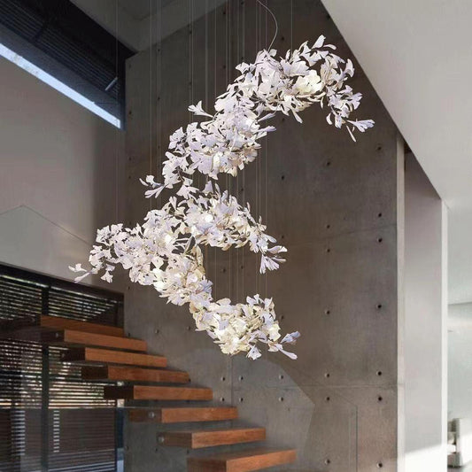 Ginkgo Leaf Ceramic and Brass Chandelier - Artistic Botanical Lighting for Dining Room