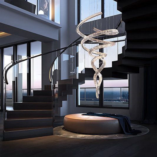 Loong Spiral Crystal Chandelier installed beside a black open staircase