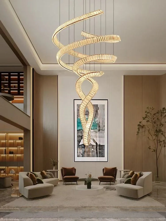Loong Spiral Crystal Chandelier suspended in a double-height living room with an upper balcony