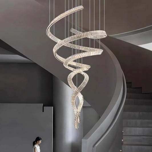 Loong Spiral Crystal Chandelier suspended in a tall contemporary living room