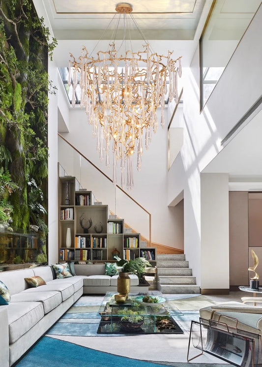Modern French Branch Crystal Raindrop Chandelier installed beside an open staircase