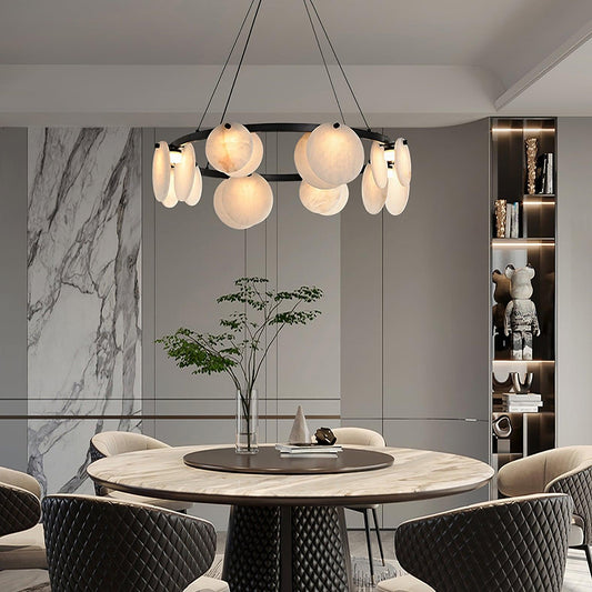 Trinidad Alabaster Disc Ring Chandelier above a round dining table