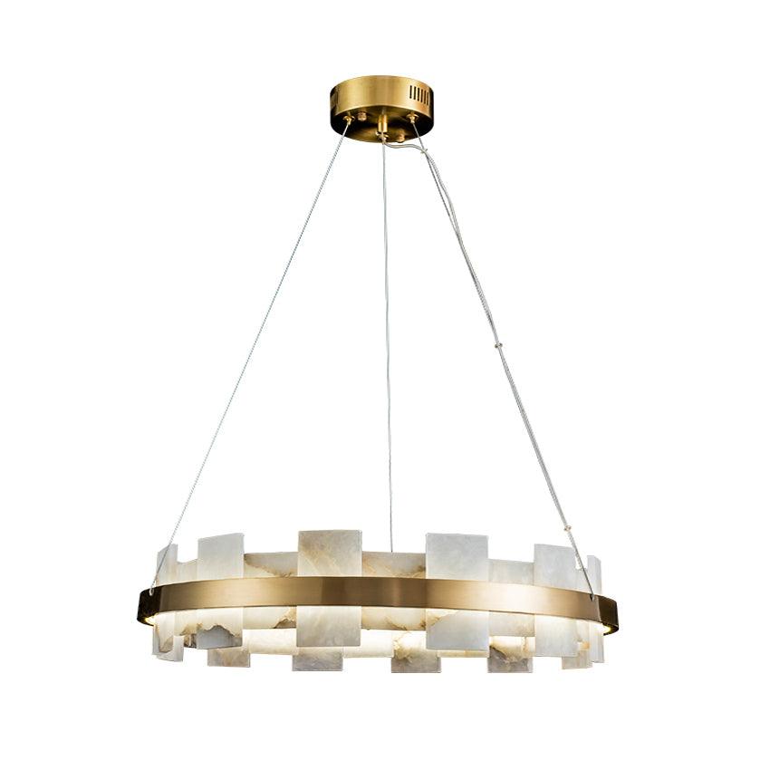 Isolated Alabaster Halo Chandelier showing its circular brass and stone construction