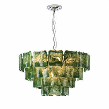 Emerald Green Ripples Murano Glass Tiered Chandelier