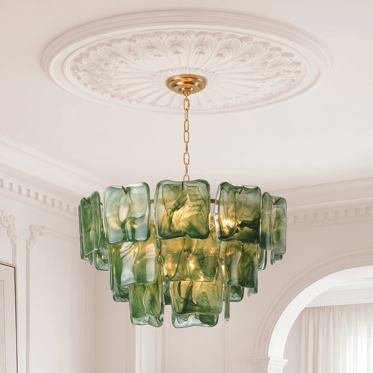 Emerald Green Ripples Murano Glass Tiered Chandelier
