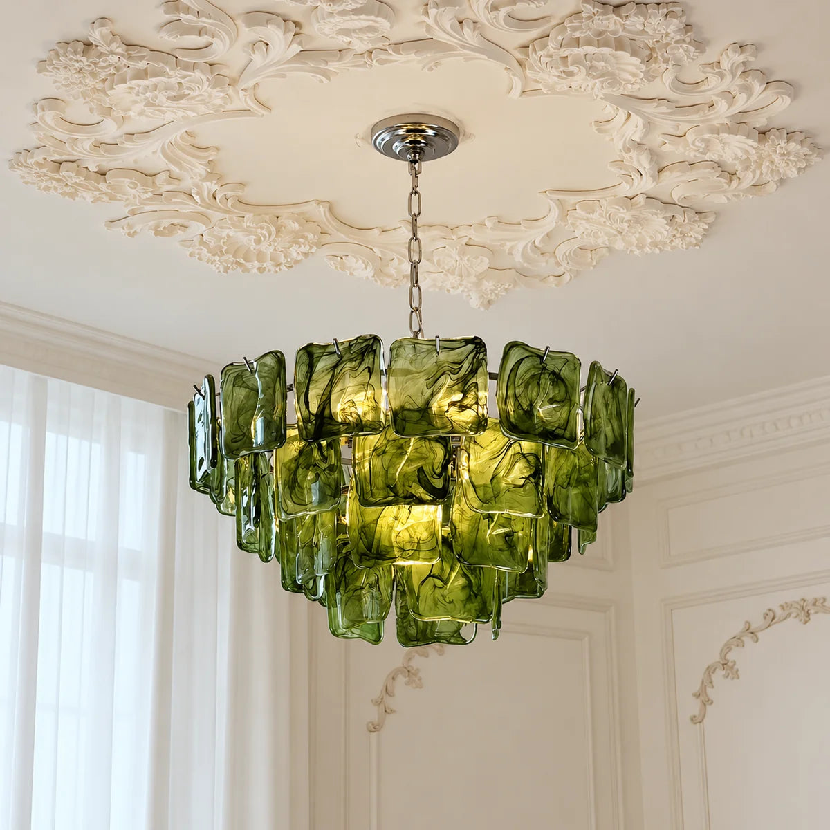 Emerald Green Ripples Murano Glass Tiered Chandelier