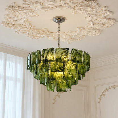 Emerald Green Ripples Murano Glass Tiered Chandelier