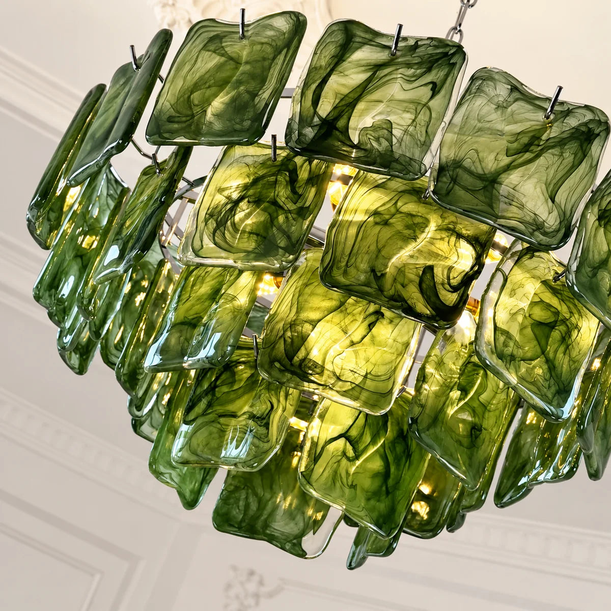 Emerald Green Ripples Murano Glass Tiered Chandelier