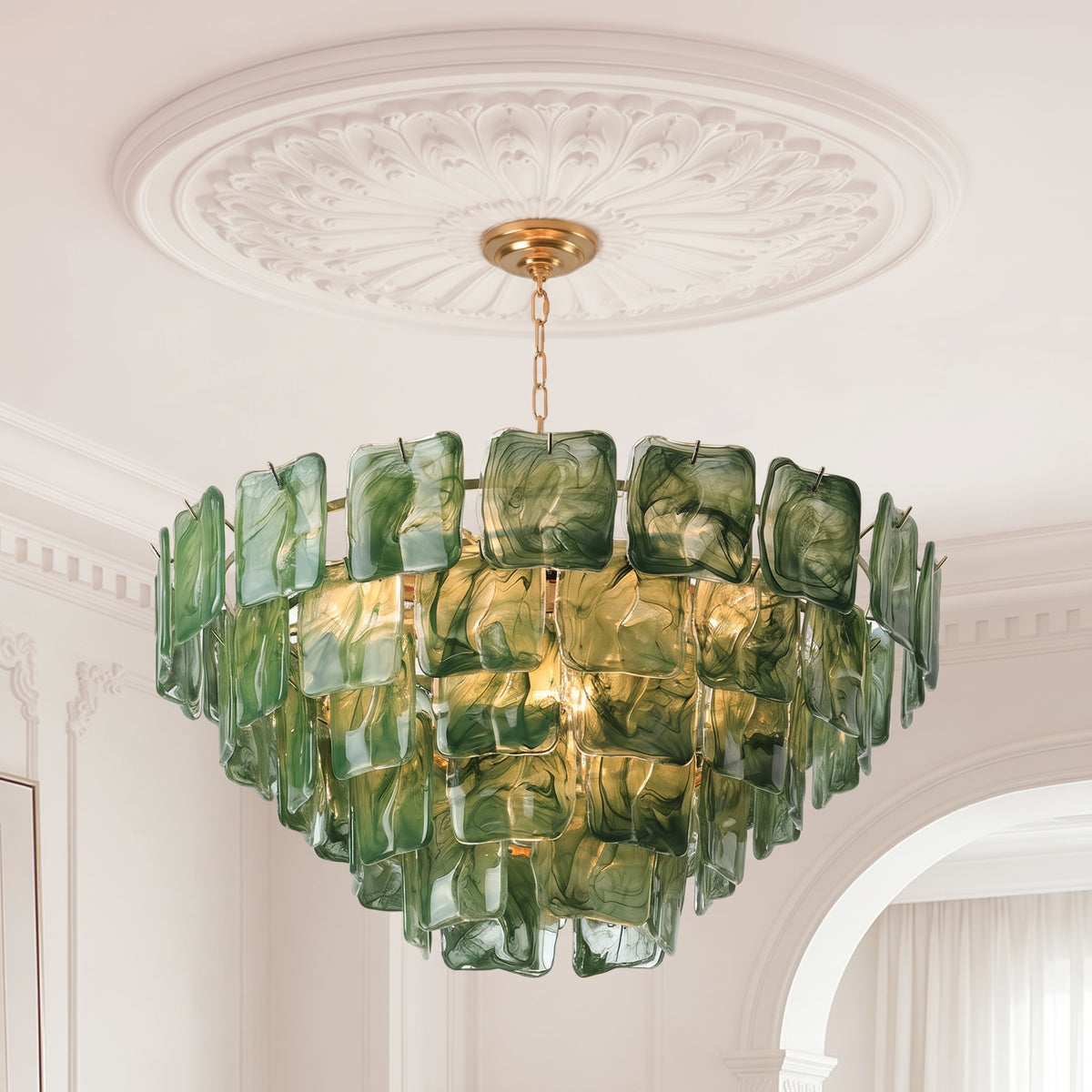 Emerald Green Ripples Murano Glass Tiered Chandelier
