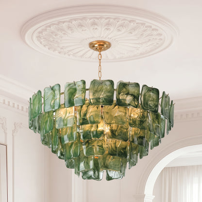 Emerald Green Ripples Murano Glass Tiered Chandelier