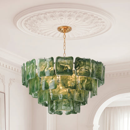 Emerald Green Ripples Murano Glass Tiered Chandelier