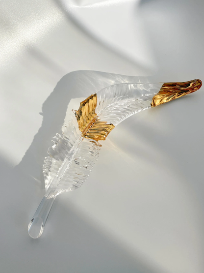 Gold Ring Glass Feather Pendant