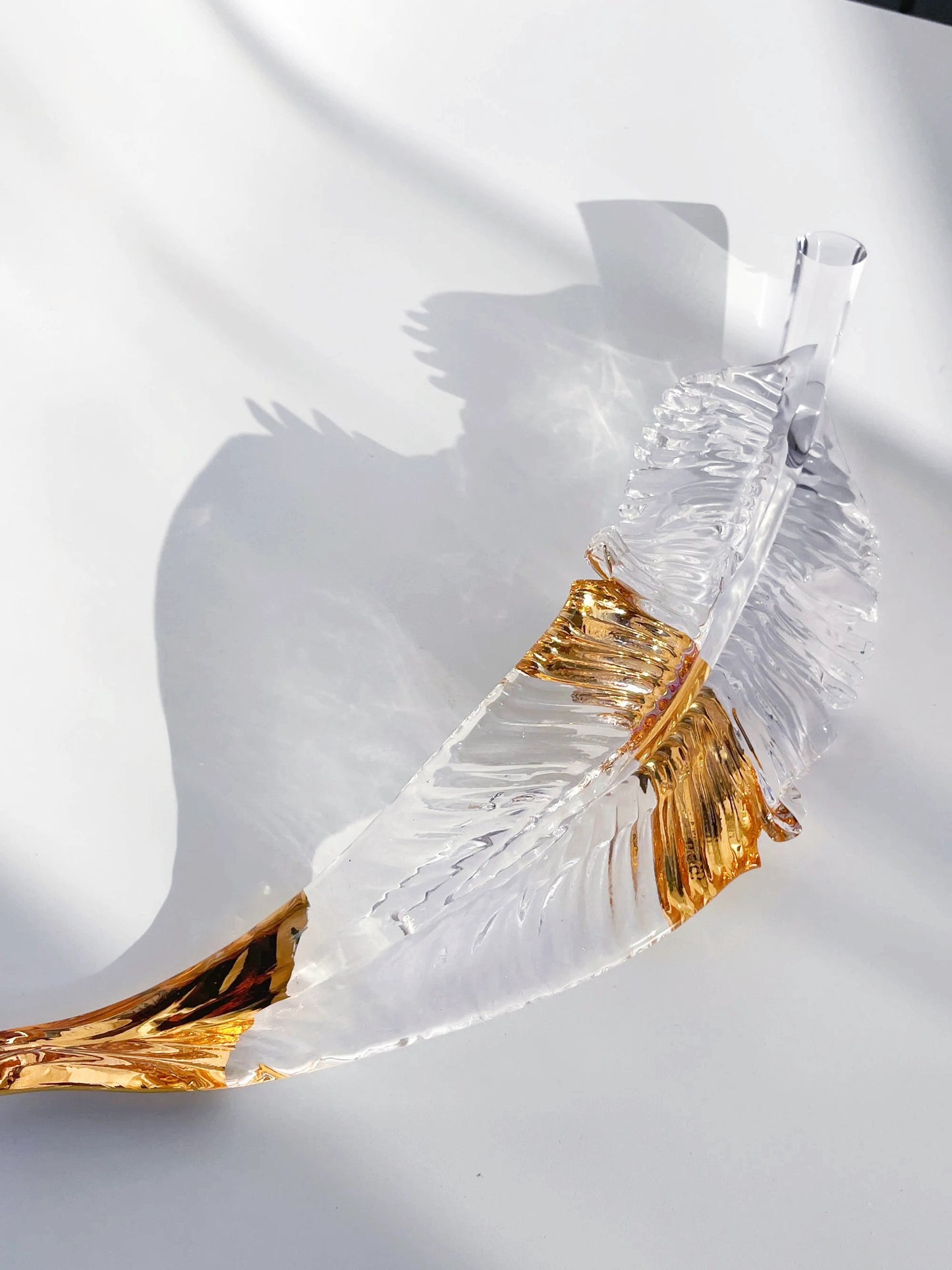 Gold Ring Glass Feather Pendant