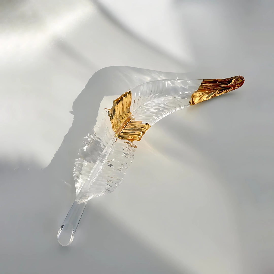 Gold Ring Glass Feather Pendant