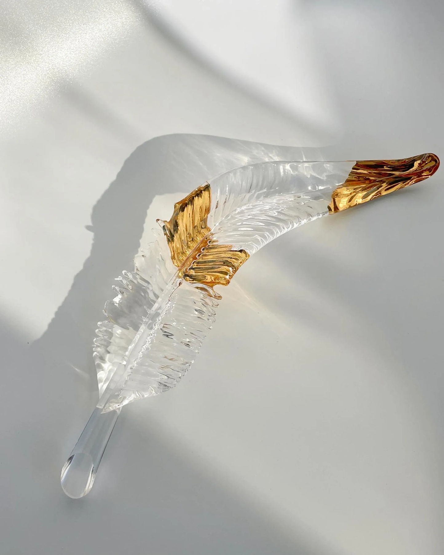 Gold Ring Glass Feather Pendant