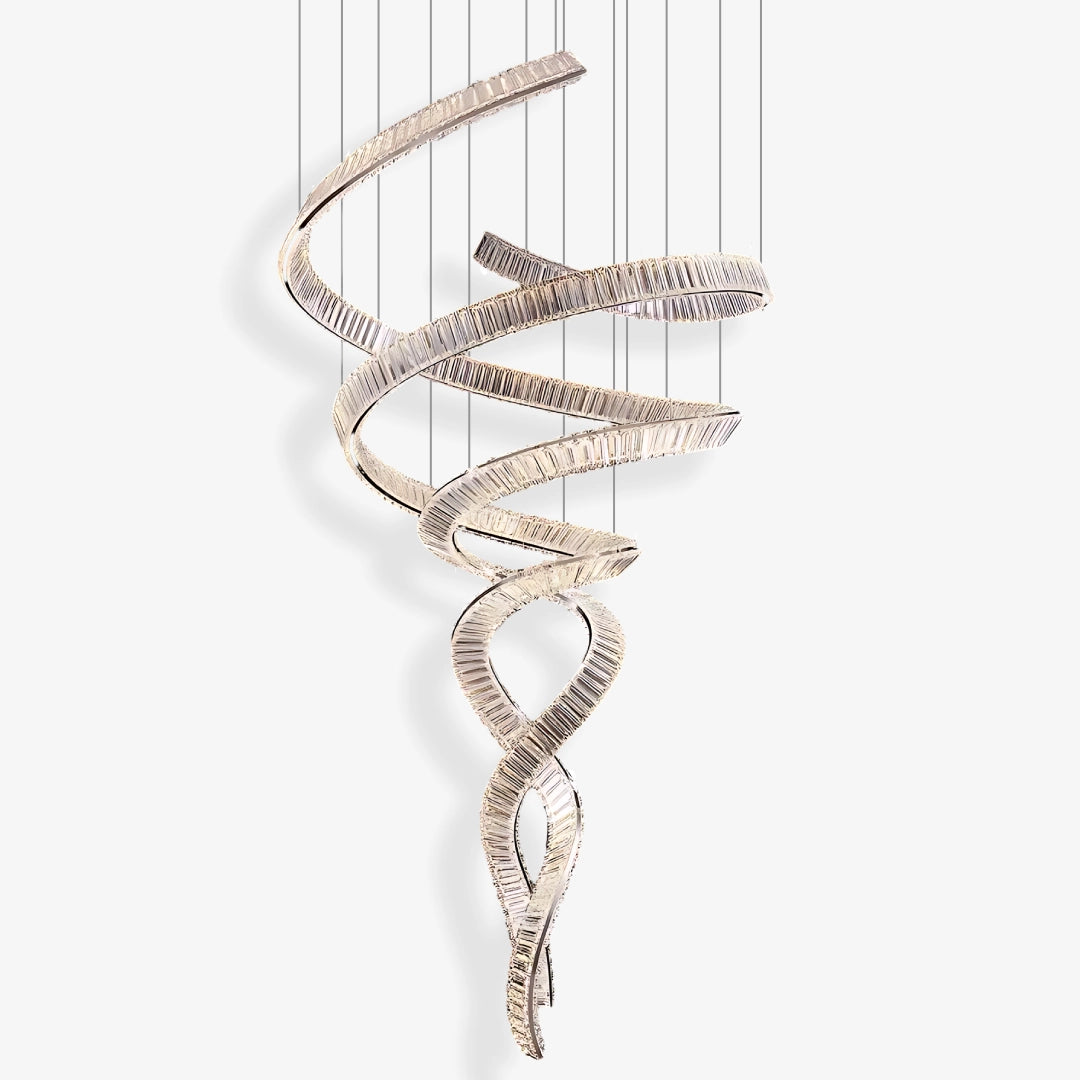 Isolated Loong Spiral Crystal Chandelier showing its complete cascading form
