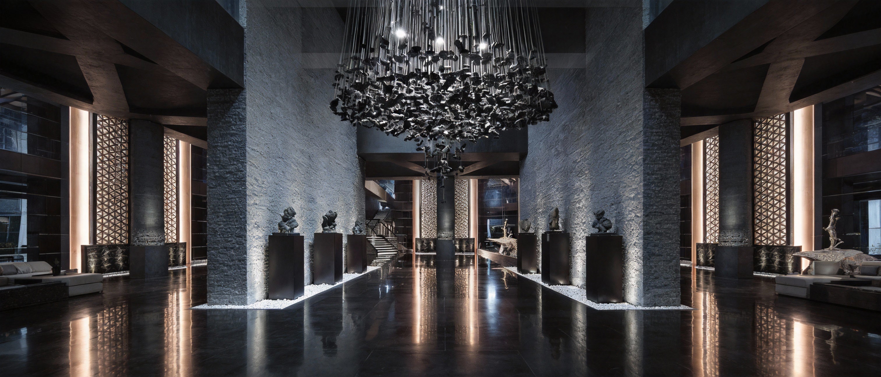Large-scale sculptural lighting art installation in a grand architectural gallery by Loonglight.