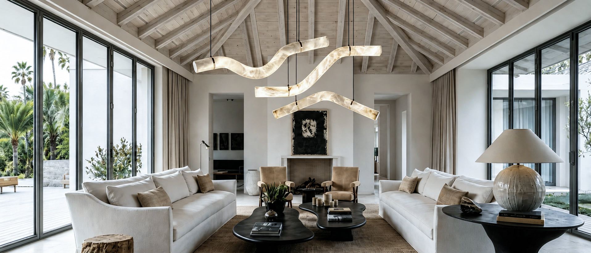 Loonglight Curva Series modern wave-shaped alabaster pendant light featuring hand-carved translucent stone textures in a high-end bright living room