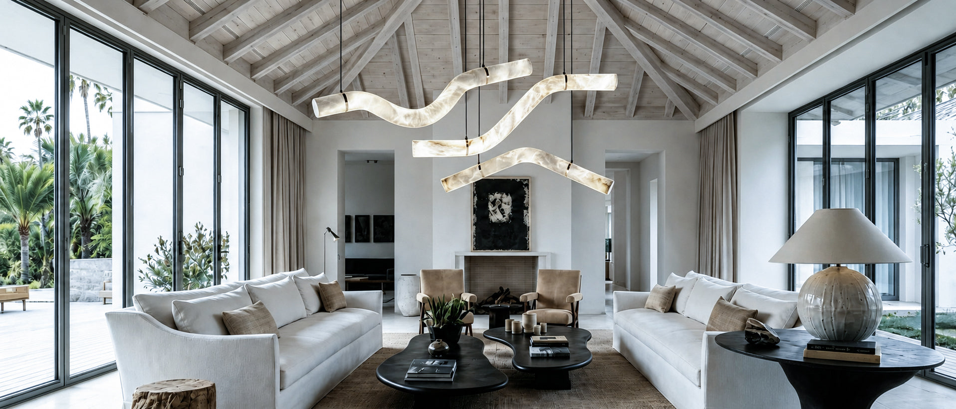 Loonglight Curva Series modern wave-shaped alabaster pendant light featuring hand-carved translucent stone textures in a high-end bright living room